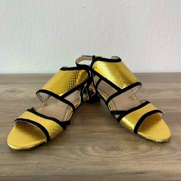 pour La Victoire Gold Metallic Snake Sandals w Black Suede Trim - Picture 2 of 10